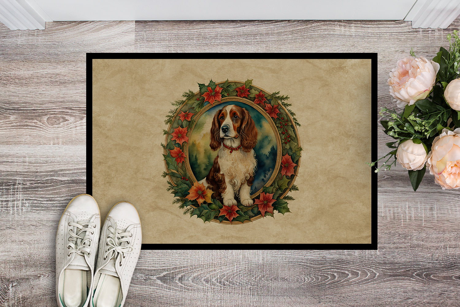 Welsh Springer Spaniel Christmas Flowers Doormat Indoor Outdoor 18H X 27W Front Door Mat Rugs for Entryway, Non Slip Washable