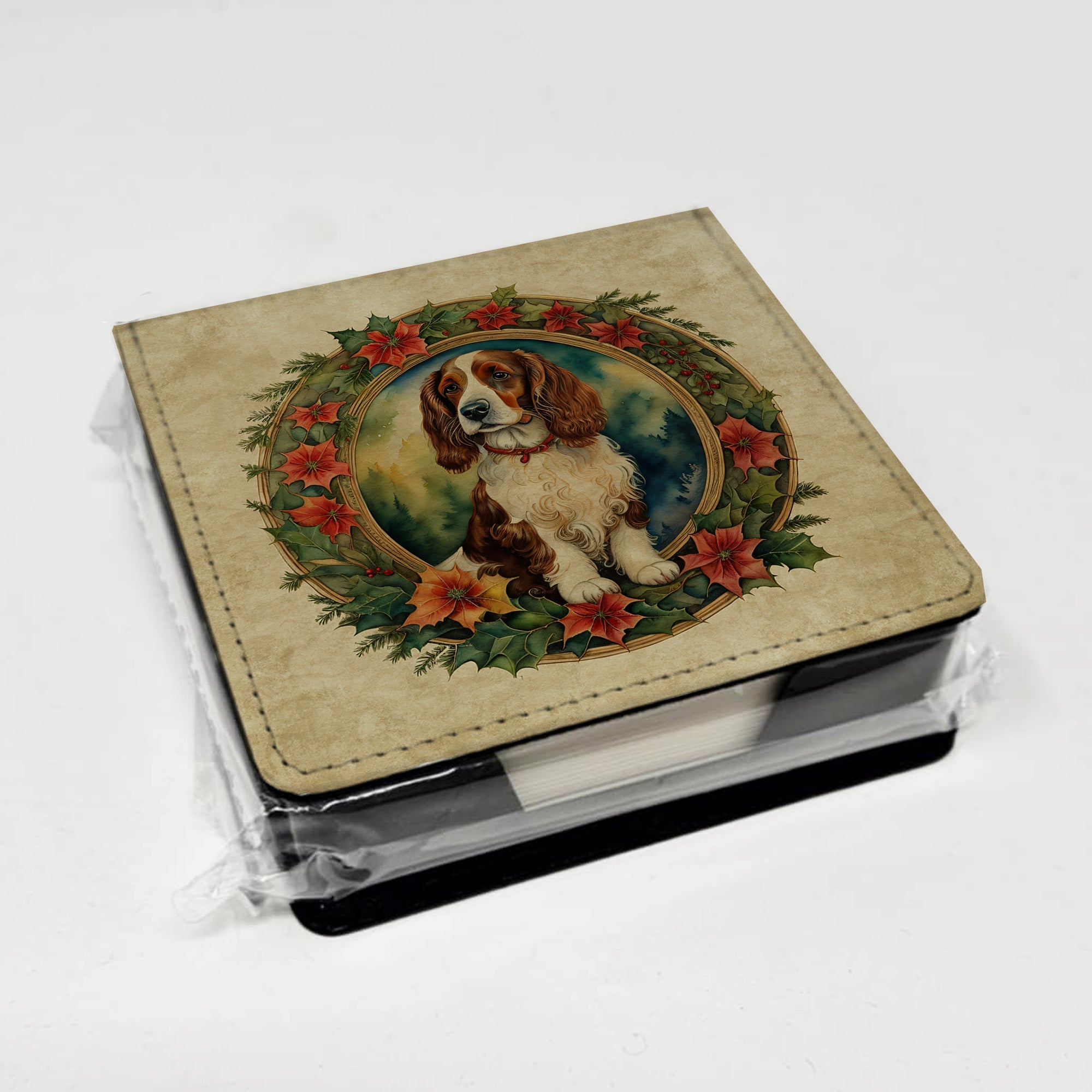 Welsh Springer Spaniel Christmas Flowers PU Leather Note Paper Holder with Artist-Designed Cover, Desk Accessory, Office Gift