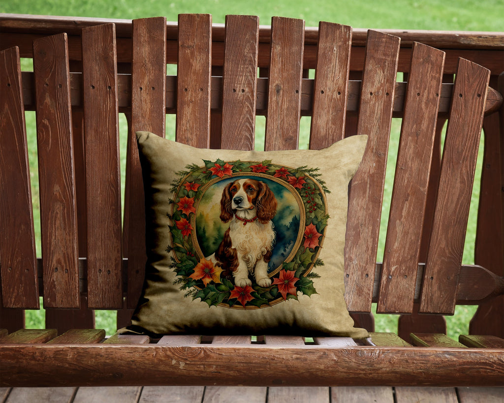 Welsh Springer Spaniel Christmas Flowers Decorative Throw Pillow 14x14 Indoor Outdoor Accent Cushion, Fabric Cover with Insert for Sofa, Bed, Porch & Living Room