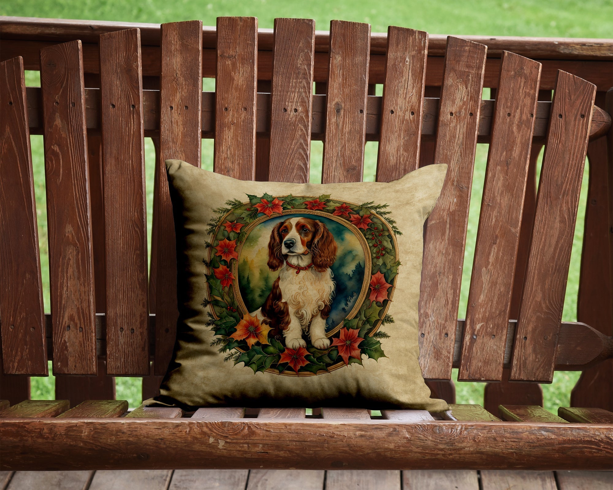 Welsh Springer Spaniel Christmas Flowers Decorative Throw Pillow 14x14 Indoor Outdoor Accent Cushion, Fabric Cover with Insert for Sofa, Bed, Porch & Living Room