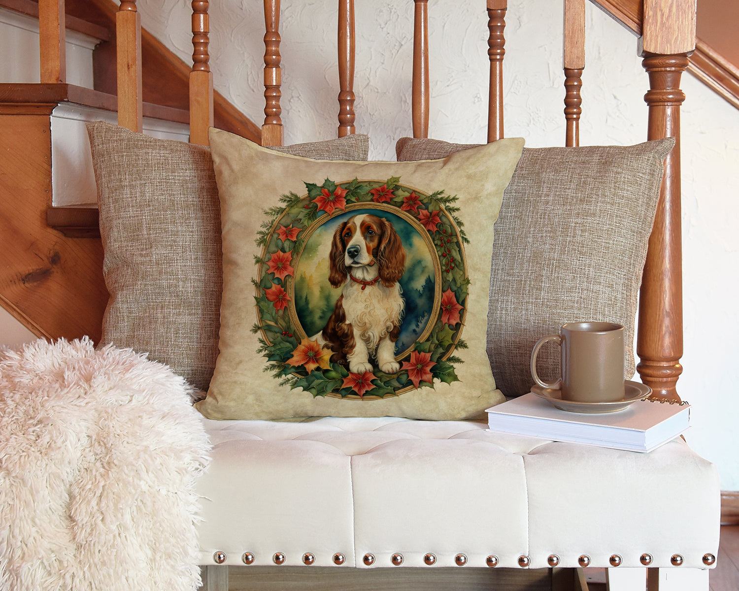 Welsh Springer Spaniel Christmas Flowers Decorative Throw Pillow 14x14 Indoor Outdoor Accent Cushion, Fabric Cover with Insert for Sofa, Bed, Porch & Living Room