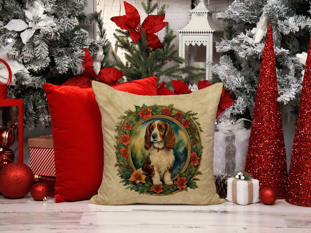 Welsh Springer Spaniel Christmas Flowers Decorative Throw Pillow 18x18 Indoor Outdoor Accent Cushion, Fabric Cover with Insert for Sofa, Bed, Porch & Living Room