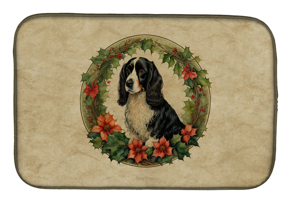 Welsh Springer Spaniel Christmas Flowers Dish Drying Mat Absorbent Dish Drying Mat Pad for Kitchen Counter Dish Drainer Mat for Countertop, 14 x 21", Multicolor