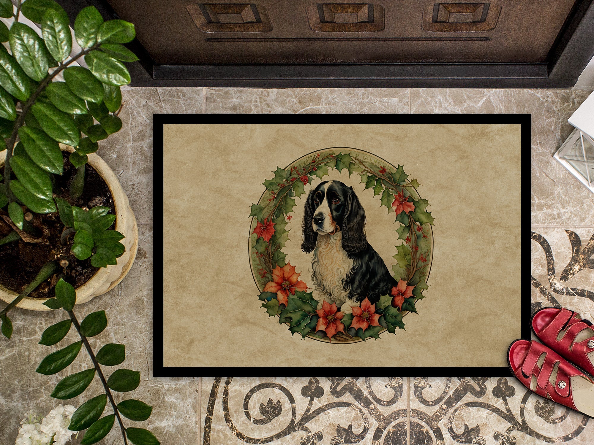 Welsh Springer Spaniel Christmas Flowers Doormat Indoor Outdoor 24H X 36W Front Door Mat Rugs for Entryway, Non Slip Washable Low Pile,