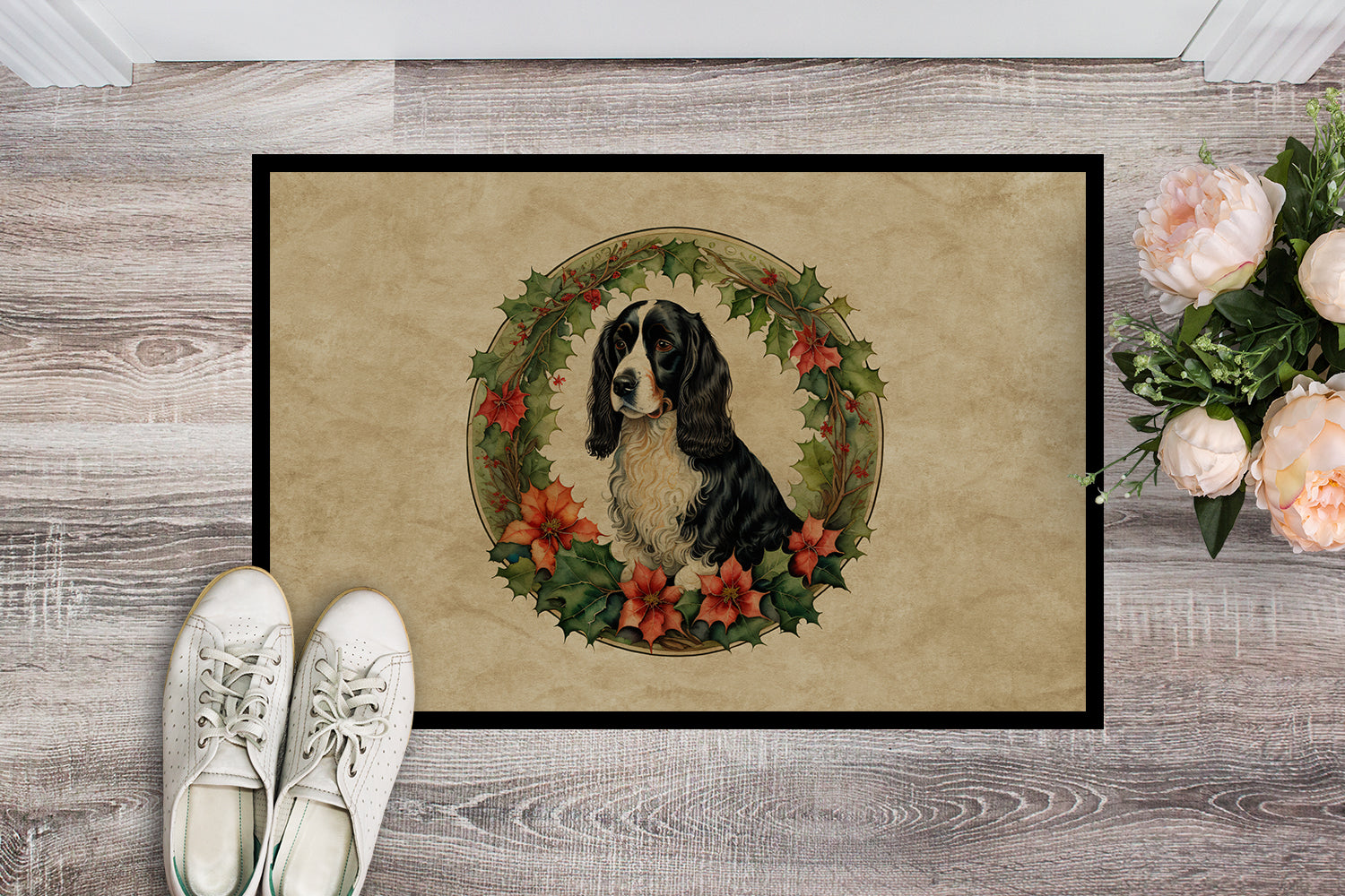 Welsh Springer Spaniel Christmas Flowers Doormat Indoor Outdoor 18H X 27W Front Door Mat Rugs for Entryway, Non Slip Washable