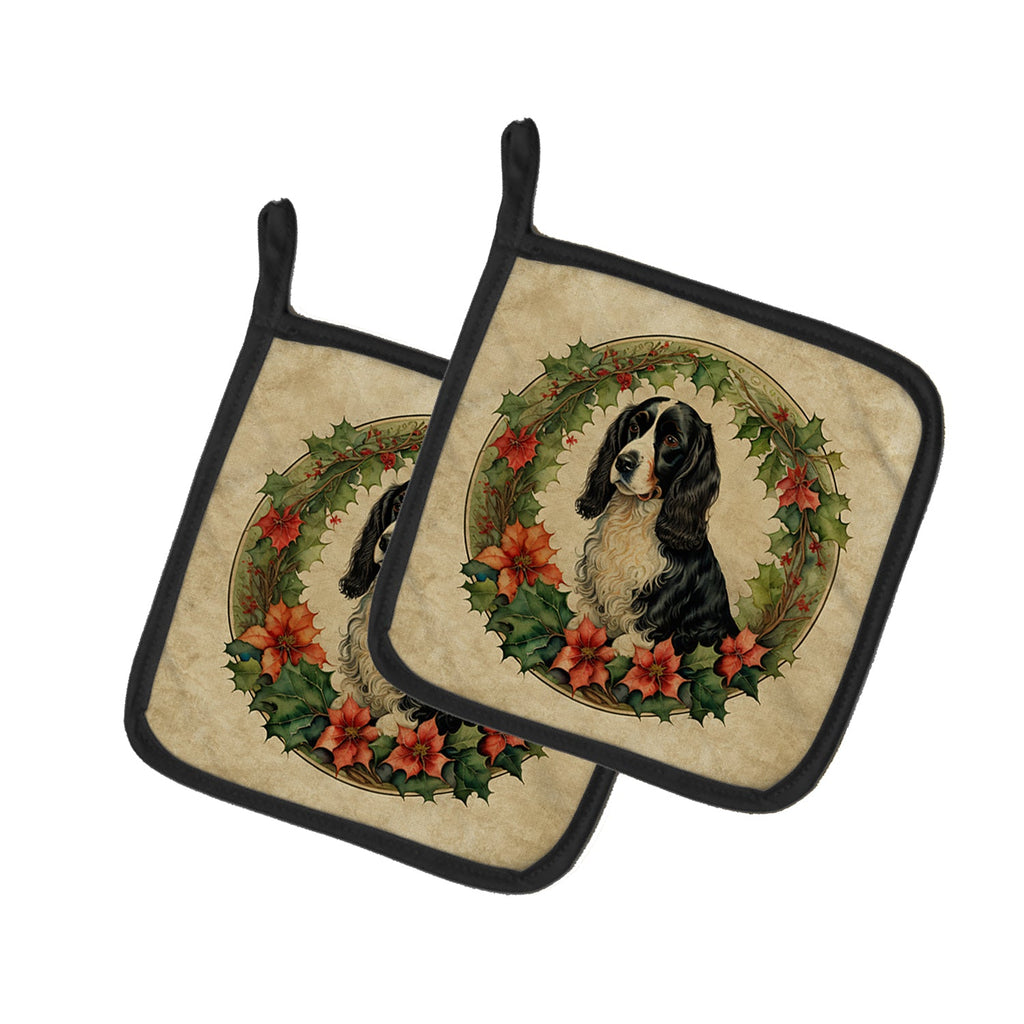Welsh Springer Spaniel Christmas Flowers Pot Holder Set of 2 Heat Resistant Quilted Hot Pads 7.5 x 7.5 Inch, Insulated Kitchen Trivets for Cooking & Baking