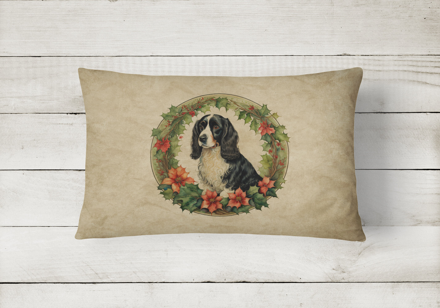 Welsh Springer Spaniel Christmas Flowers Decorative Throw Pillow 12x16 Indoor Outdoor Accent Cushion, Fabric Cover with Insert for Sofa, Bed, Porch & Living Room