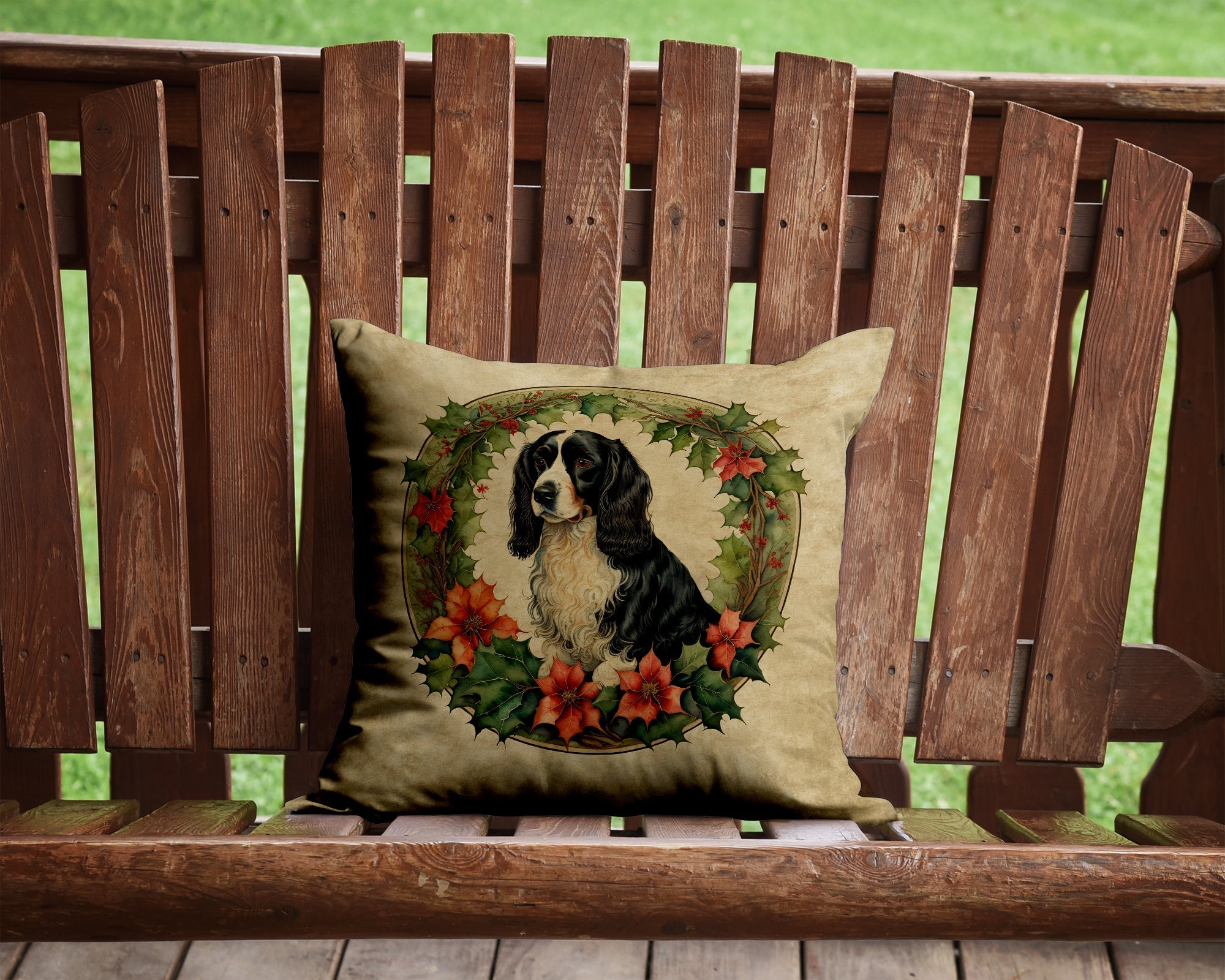 Welsh Springer Spaniel Christmas Flowers Decorative Throw Pillow 14x14 Indoor Outdoor Accent Cushion, Fabric Cover with Insert for Sofa, Bed, Porch & Living Room