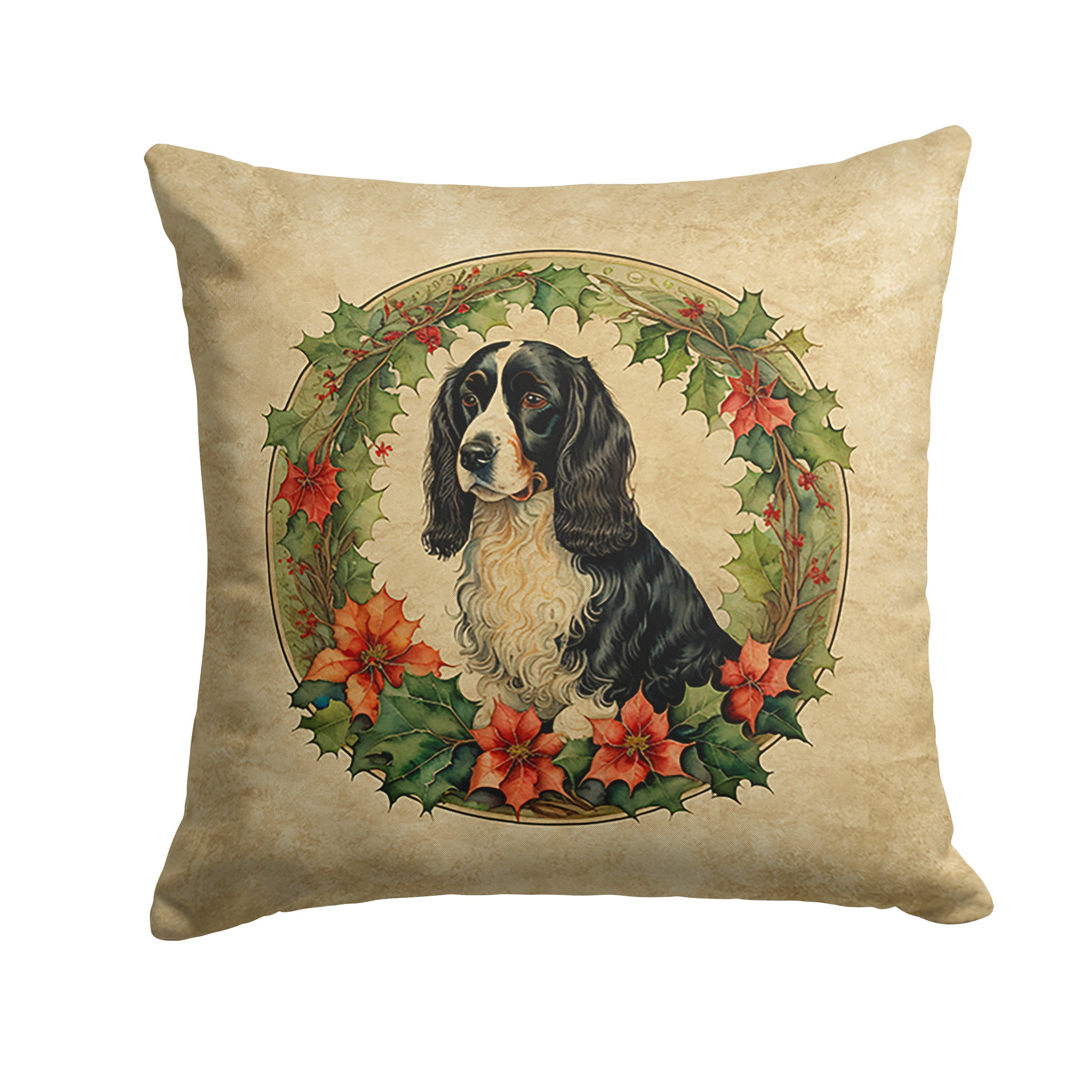 Welsh Springer Spaniel Christmas Flowers Decorative Throw Pillow 18x18 Indoor Outdoor Accent Cushion, Fabric Cover with Insert for Sofa, Bed, Porch & Living Room