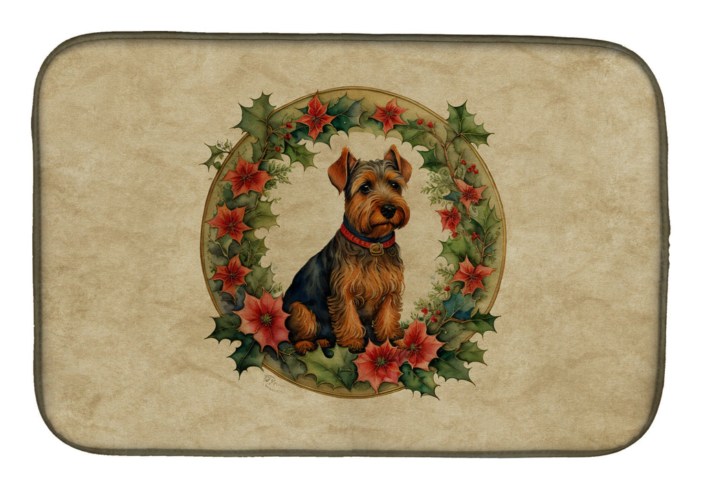 Welsh Terrier Christmas Flowers Dish Drying Mat Absorbent Dish Drying Mat Pad for Kitchen Counter Dish Drainer Mat for Countertop, 14 x 21", Multicolor