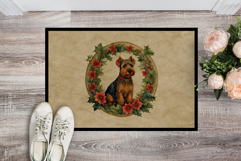 Welsh Terrier Christmas Flowers Doormat Indoor Outdoor 24H X 36W Front Door Mat Rugs for Entryway, Non Slip Washable Low Pile,
