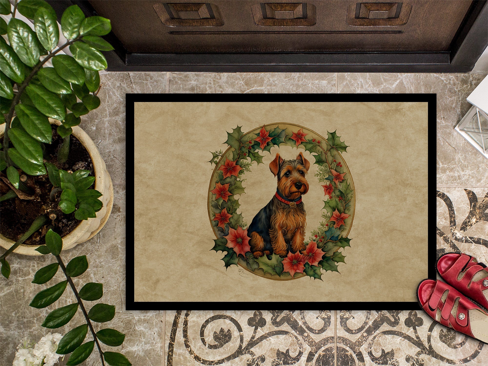 Welsh Terrier Christmas Flowers Doormat Indoor Outdoor 24H X 36W Front Door Mat Rugs for Entryway, Non Slip Washable Low Pile,
