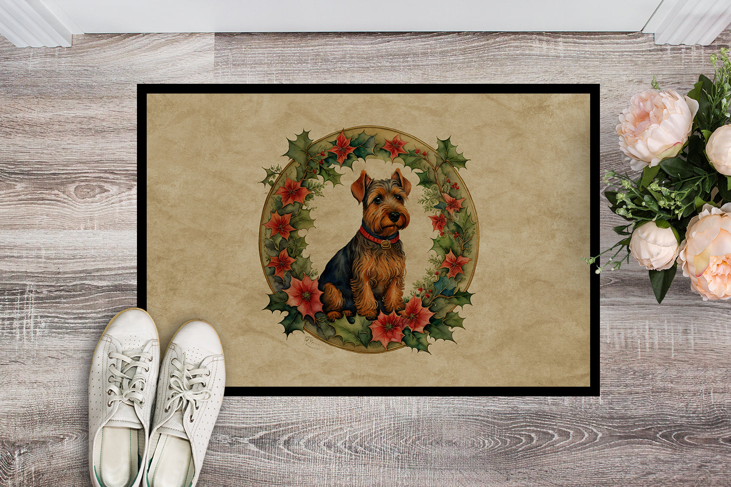Welsh Terrier Christmas Flowers Doormat Indoor Outdoor 18H X 27W Front Door Mat Rugs for Entryway, Non Slip Washable