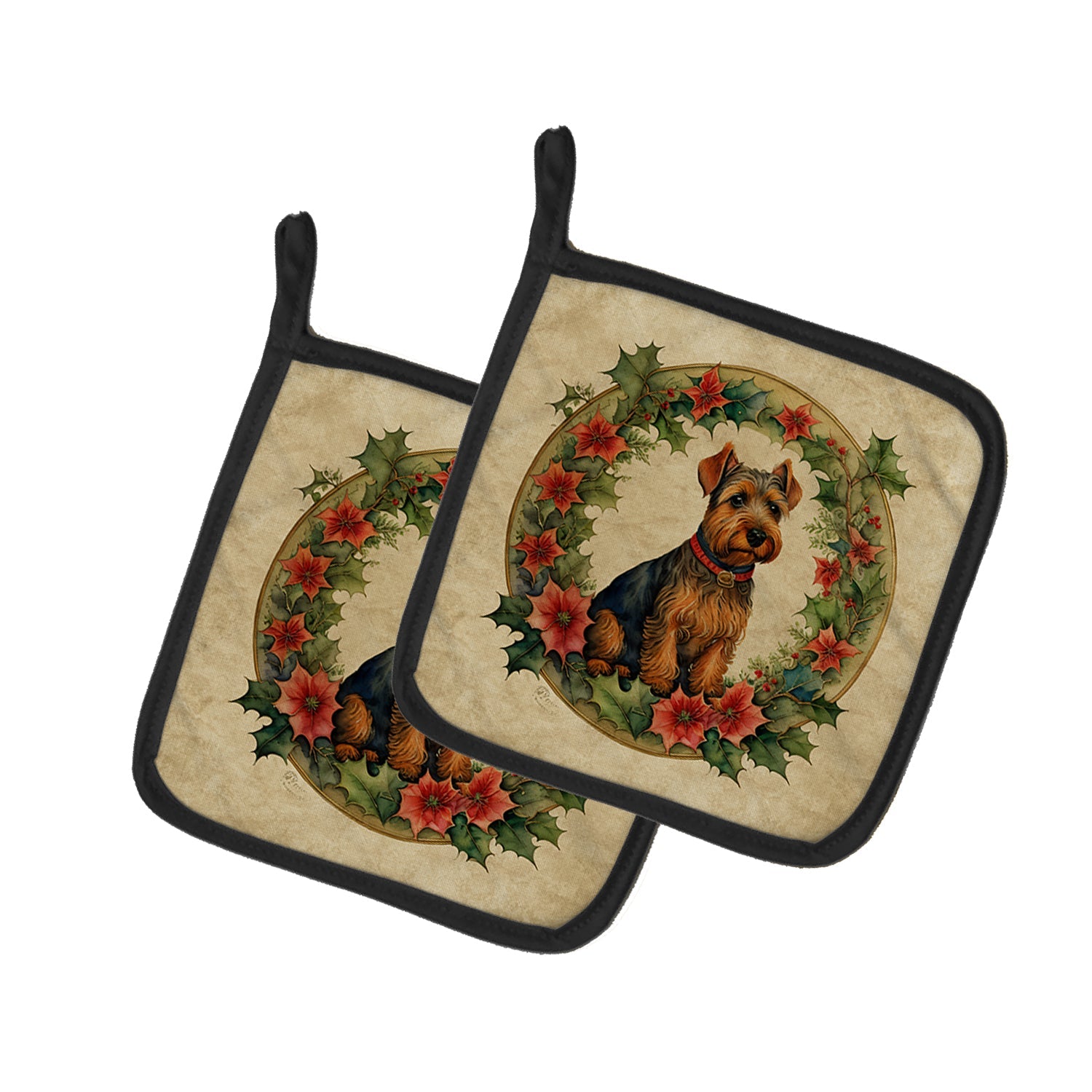 Welsh Terrier Christmas Flowers Pot Holder Set of 2 Heat Resistant Quilted Hot Pads 7.5 x 7.5 Inch, Insulated Kitchen Trivets for Cooking & Baking