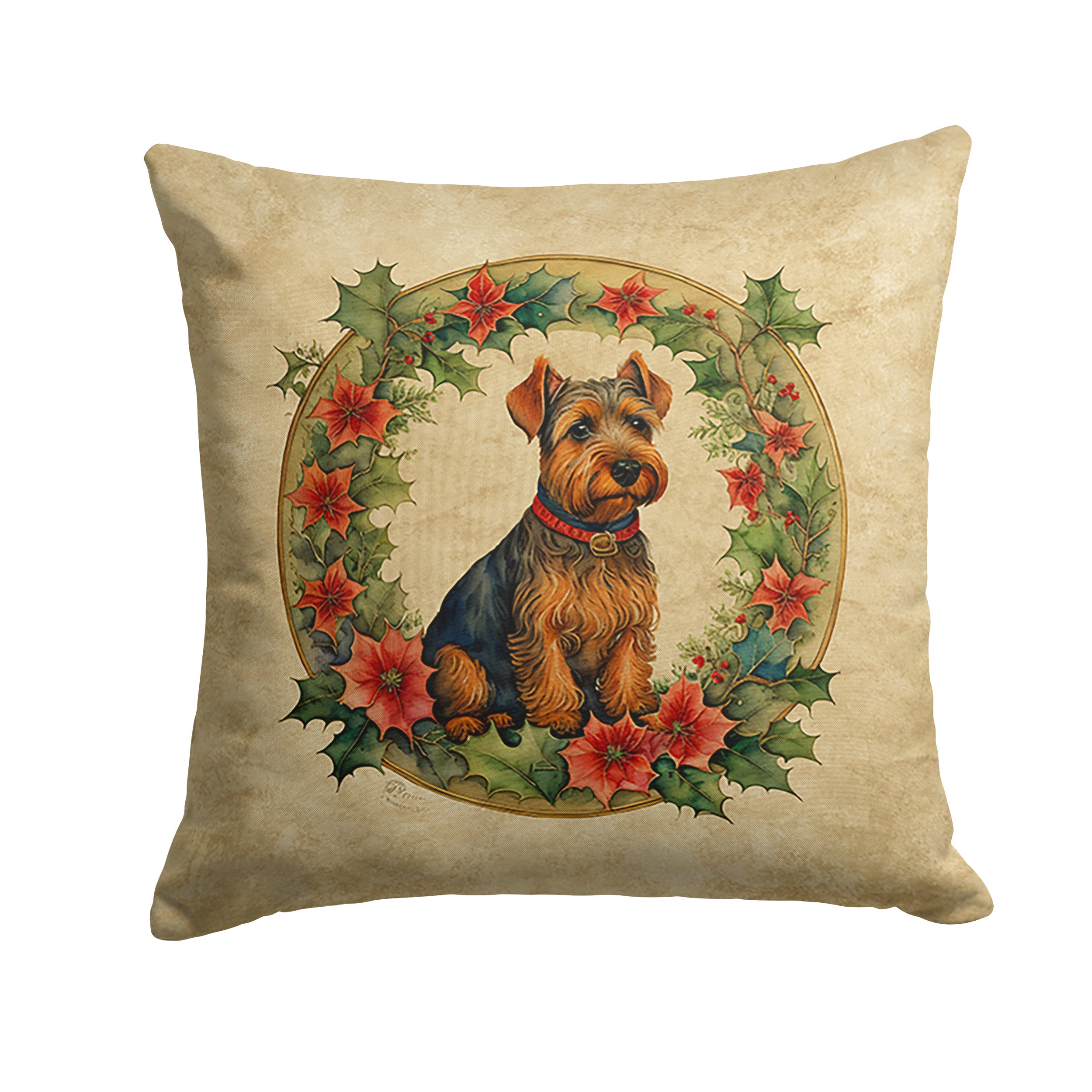 Welsh Terrier Christmas Flowers Decorative Throw Pillow 14x14 Indoor Outdoor Accent Cushion, Fabric Cover with Insert for Sofa, Bed, Porch & Living Room