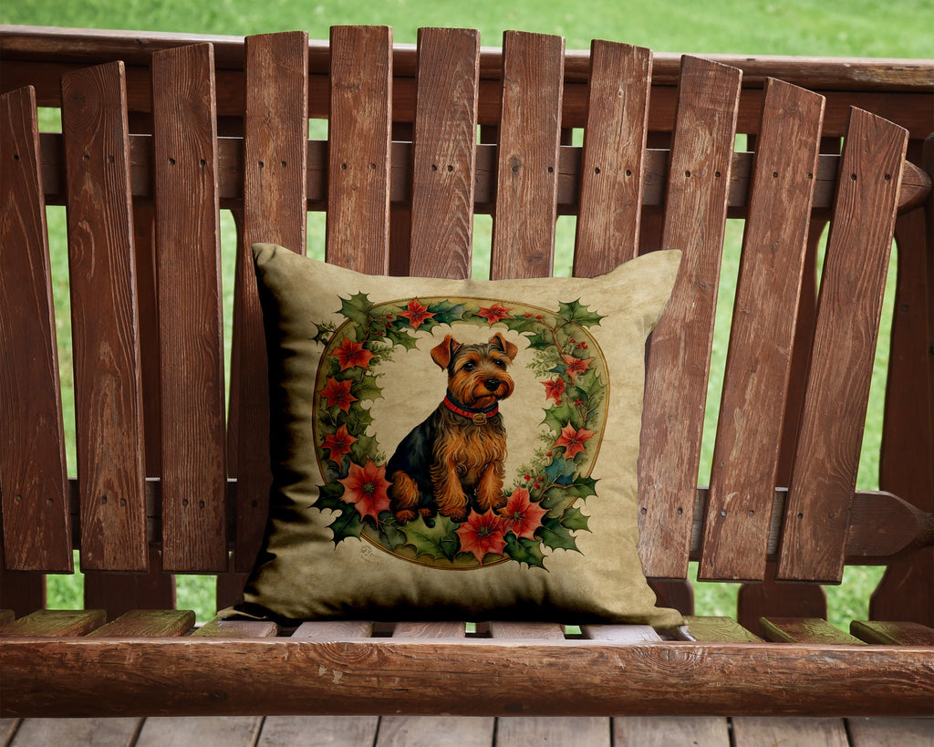 Welsh Terrier Christmas Flowers Decorative Throw Pillow 14x14 Indoor Outdoor Accent Cushion, Fabric Cover with Insert for Sofa, Bed, Porch & Living Room