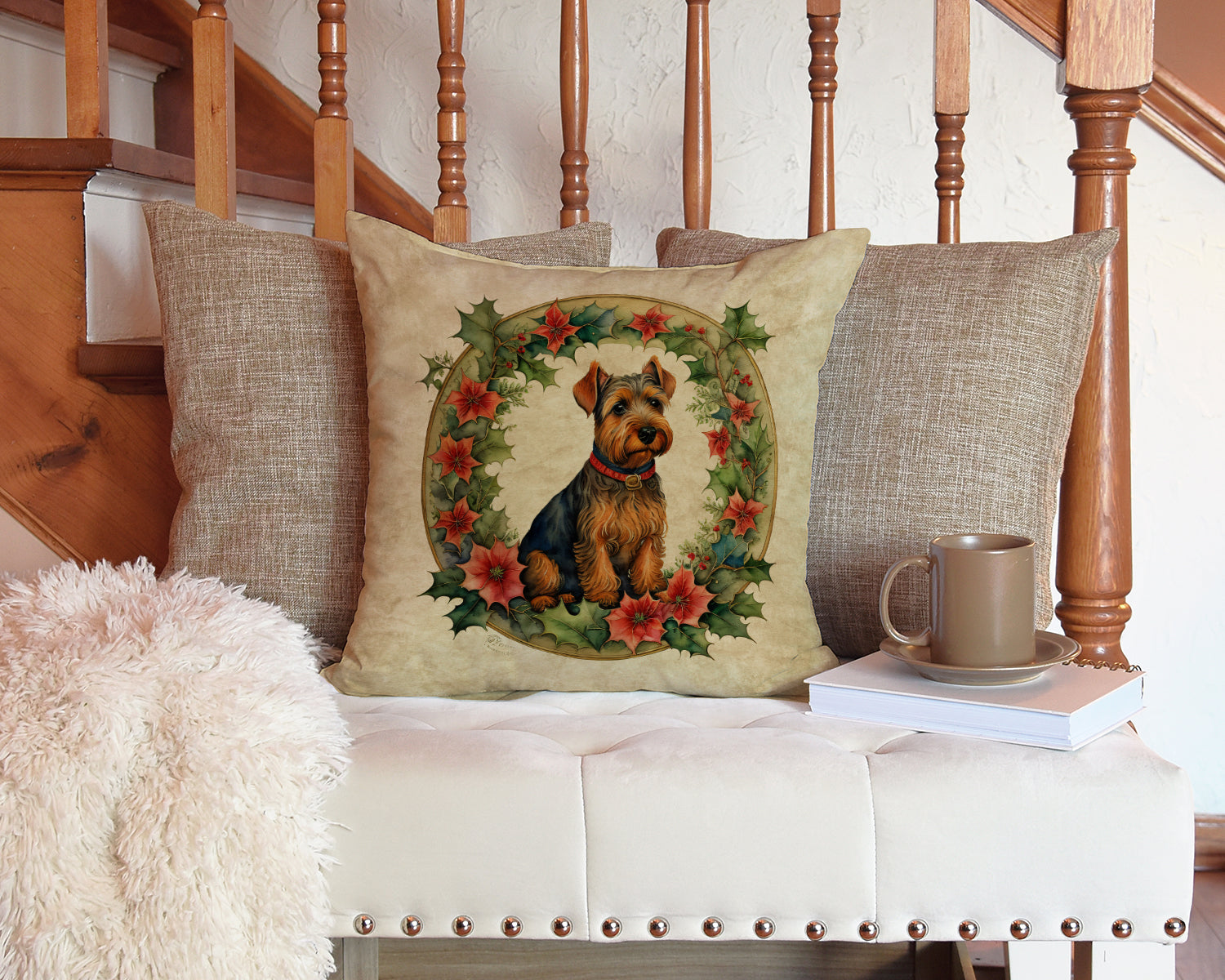 Welsh Terrier Christmas Flowers Decorative Throw Pillow 14x14 Indoor Outdoor Accent Cushion, Fabric Cover with Insert for Sofa, Bed, Porch & Living Room