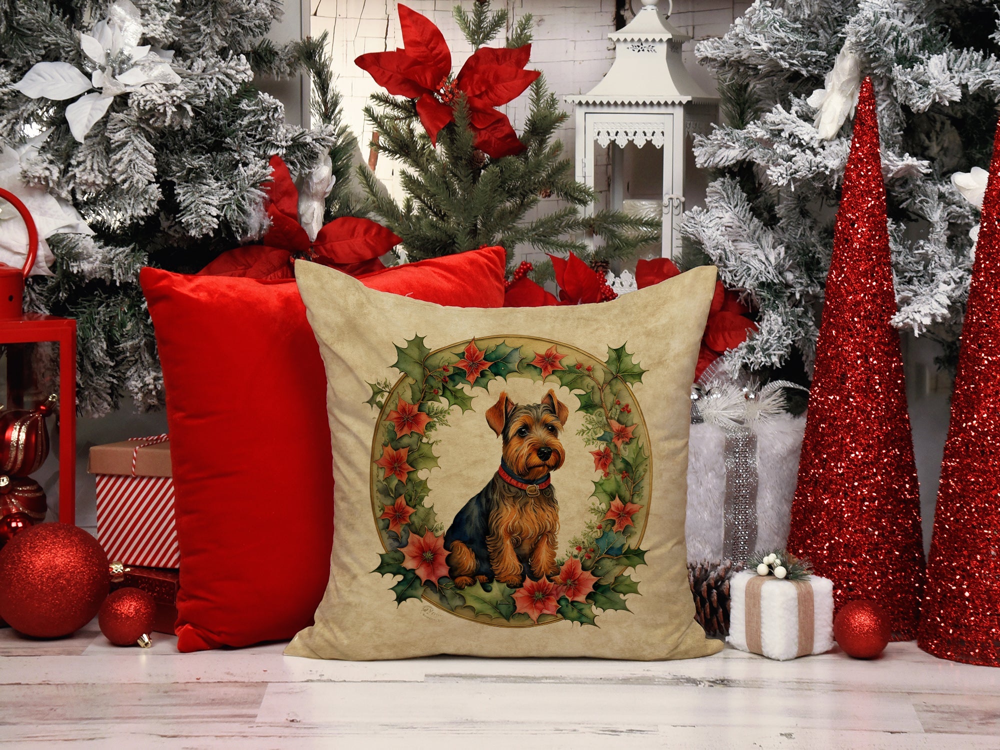 Welsh Terrier Christmas Flowers Decorative Throw Pillow 18x18 Indoor Outdoor Accent Cushion, Fabric Cover with Insert for Sofa, Bed, Porch & Living Room