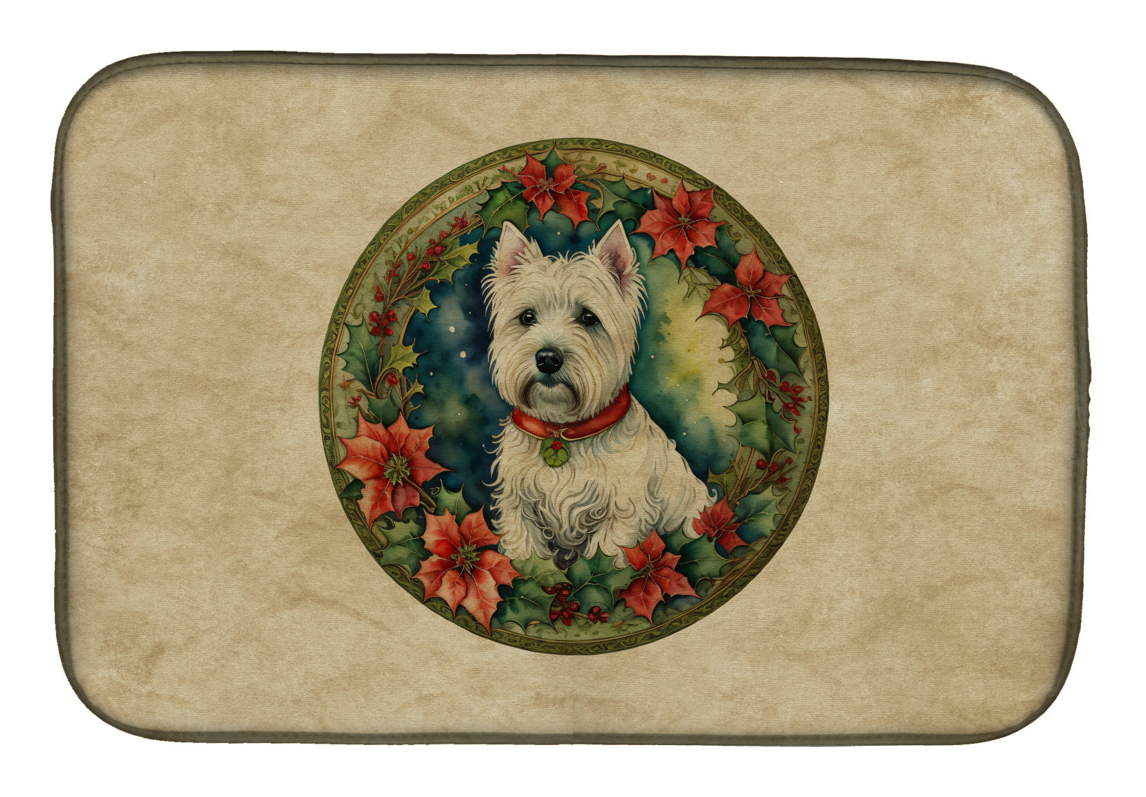 Westie Christmas Flowers Dish Drying Mat Absorbent Dish Drying Mat Pad for Kitchen Counter Dish Drainer Mat for Countertop, 14 x 21", Multicolor