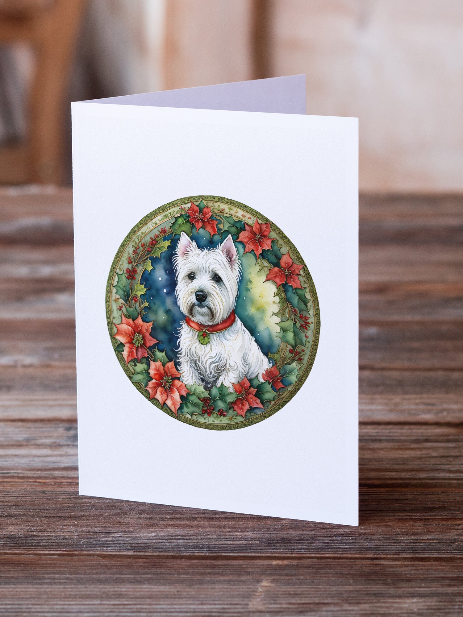 Westie Christmas Flowers Greeting Cards Pack of 8 Blank Cards with Envelopes Whimsical A7 Size 5x7