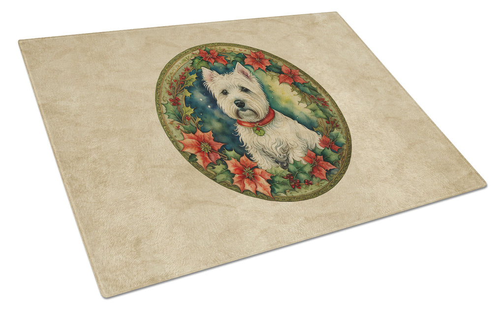 Westie Christmas Flowers Cutting Board Tempered Glass Kitchen Cutting Surface, Heat Resistant Chopping, Non-Slip Feet, Food Prep & Serving