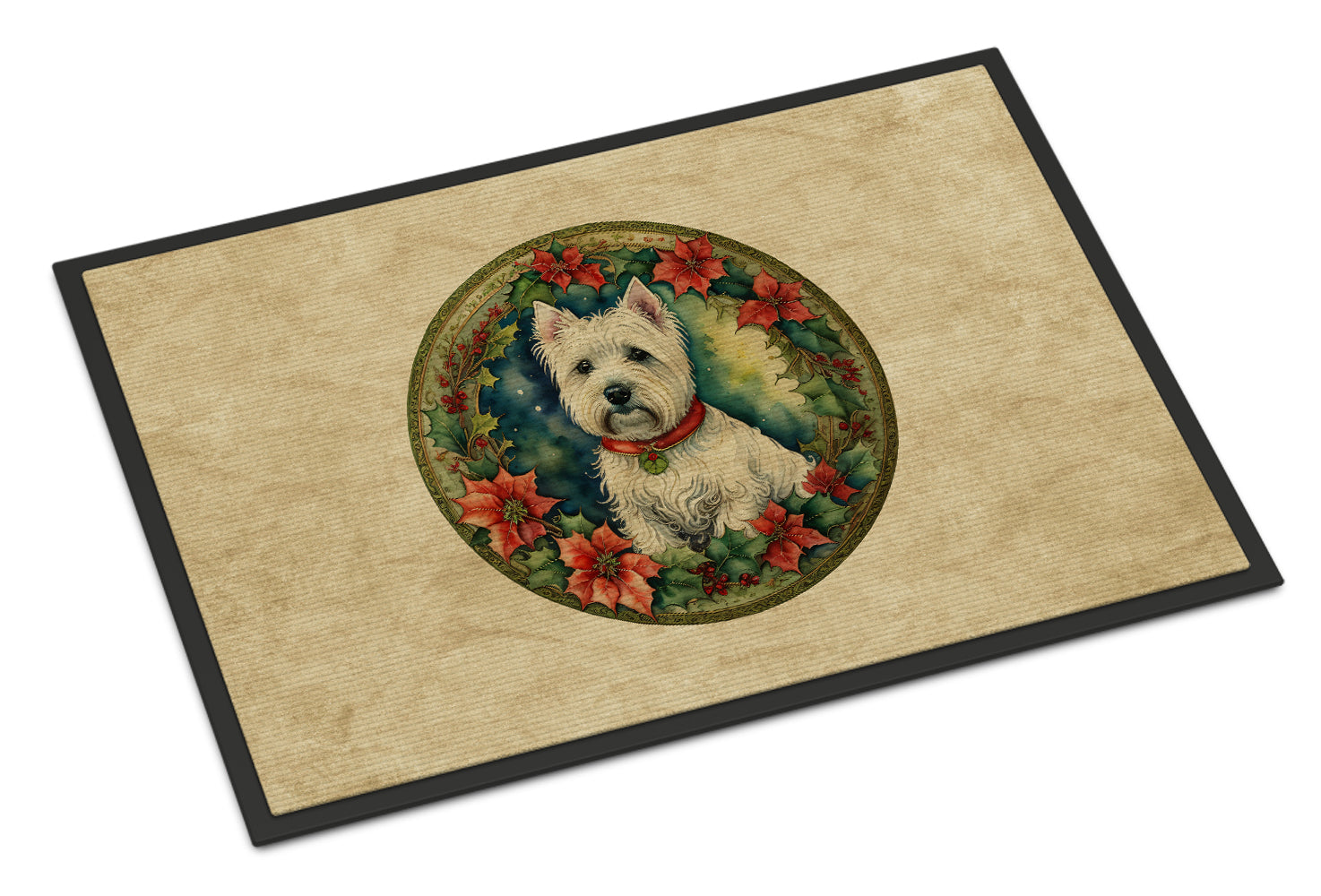 Westie Christmas Flowers Doormat Indoor Outdoor 18H X 27W Front Door Mat Rugs for Entryway, Non Slip Washable