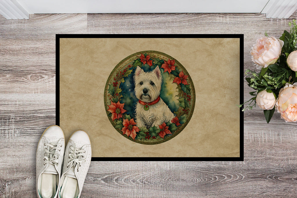 Westie Christmas Flowers Doormat Indoor Outdoor 18H X 27W Front Door Mat Rugs for Entryway, Non Slip Washable