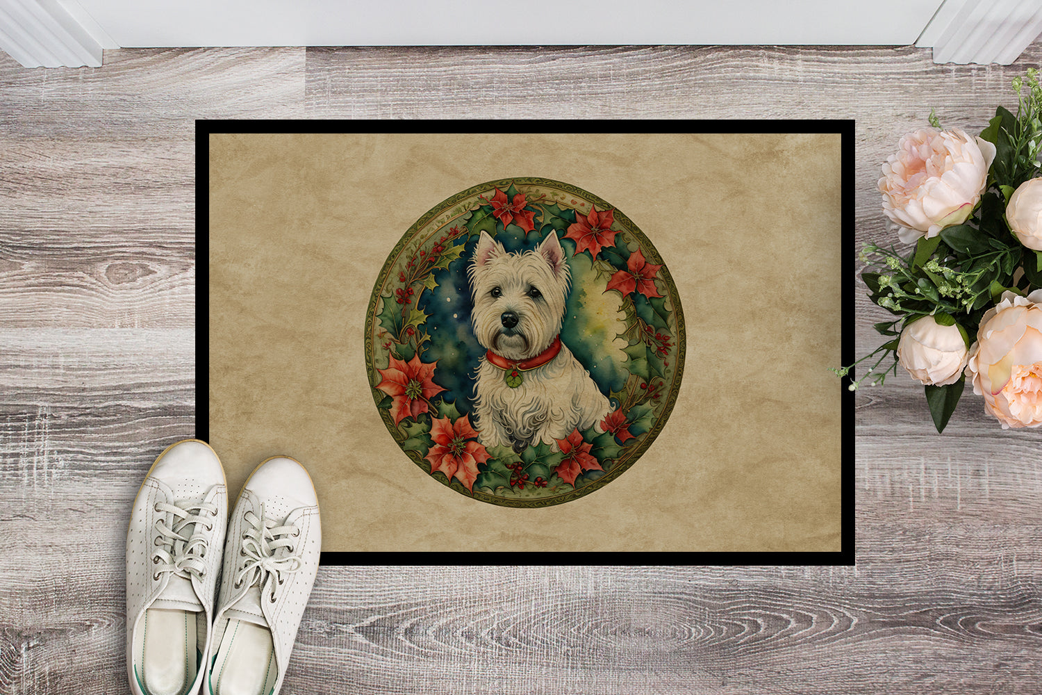 Westie Christmas Flowers Doormat Indoor Outdoor 18H X 27W Front Door Mat Rugs for Entryway, Non Slip Washable