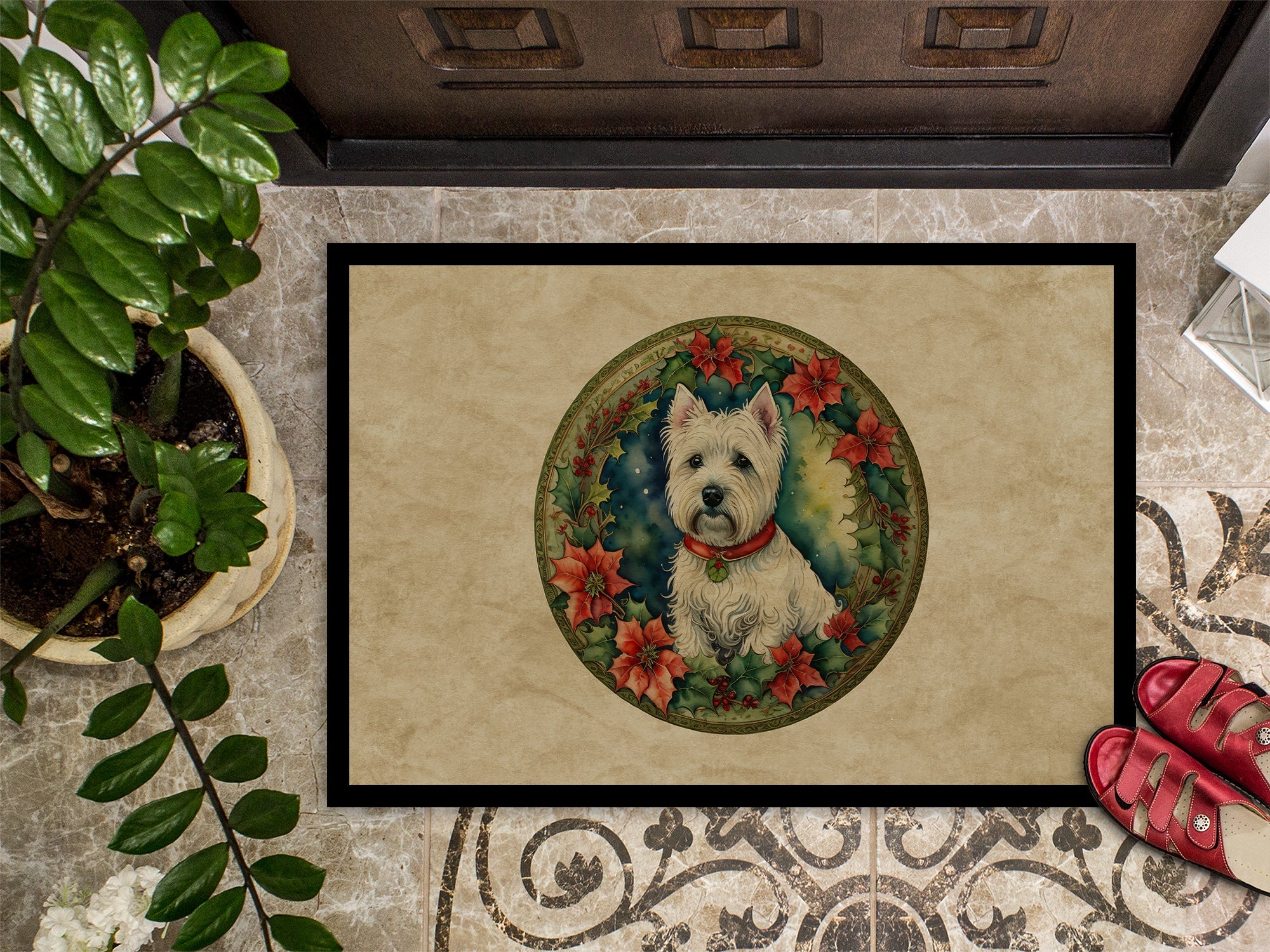 Westie Christmas Flowers Doormat Indoor Outdoor 18H X 27W Front Door Mat Rugs for Entryway, Non Slip Washable