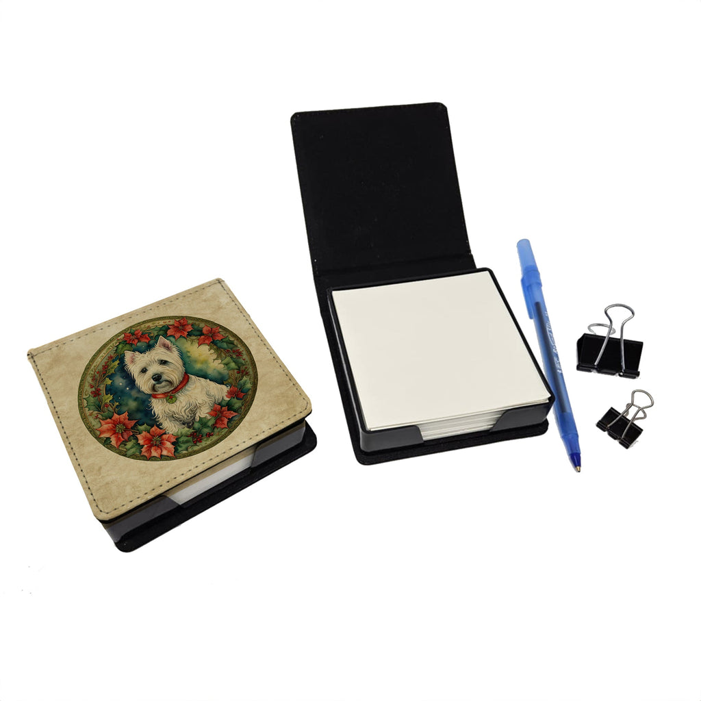 Westie Christmas Flowers PU Leather Note Paper Holder with Artist-Designed Cover, Desk Accessory, Office Gift