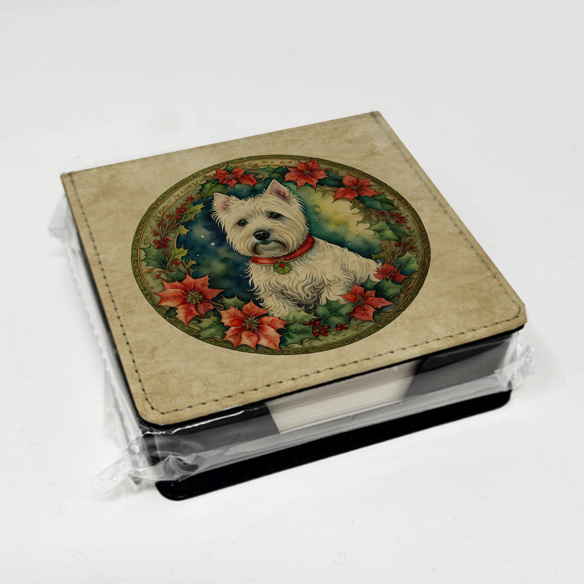Westie Christmas Flowers PU Leather Note Paper Holder with Artist-Designed Cover, Desk Accessory, Office Gift