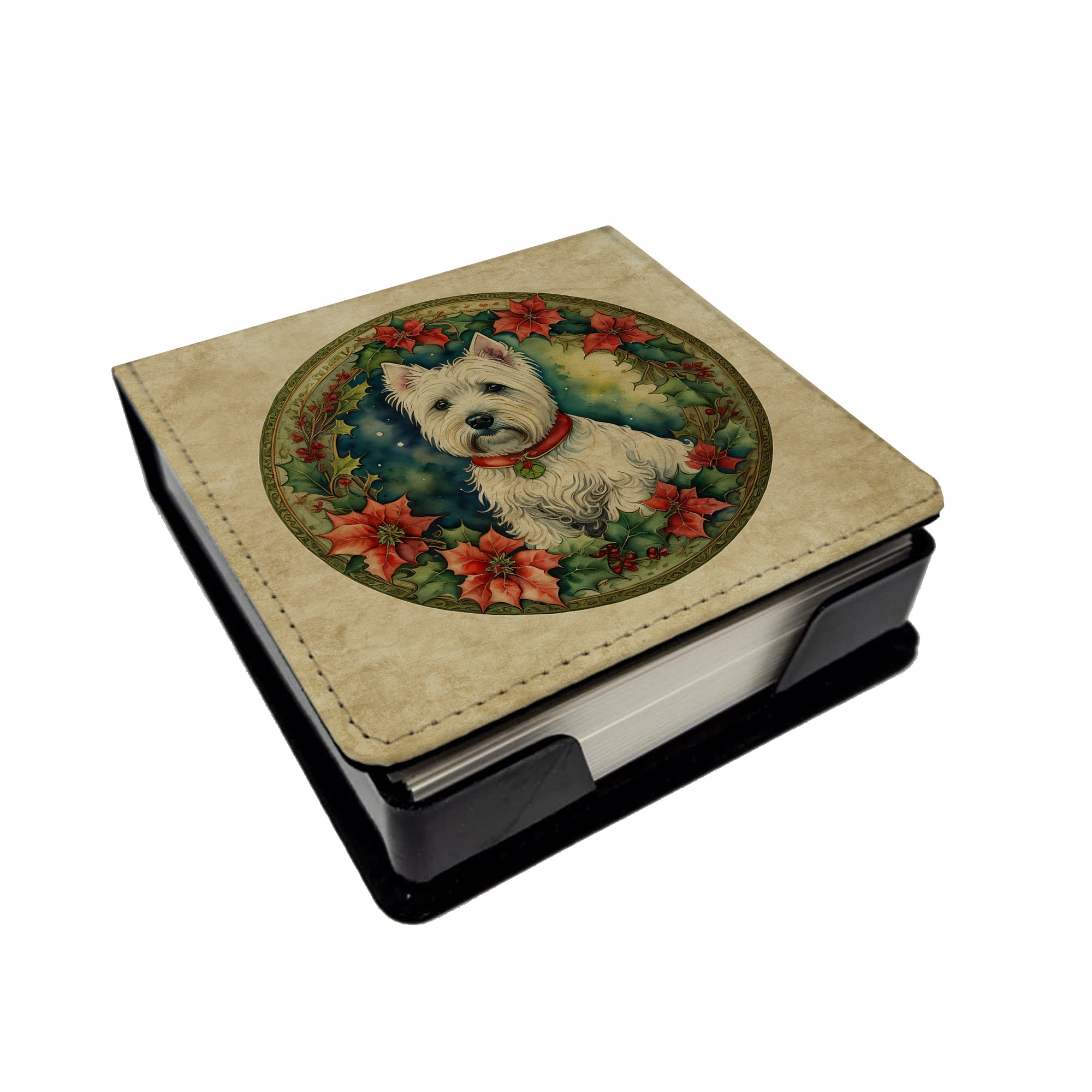 Westie Christmas Flowers PU Leather Note Paper Holder with Artist-Designed Cover, Desk Accessory, Office Gift