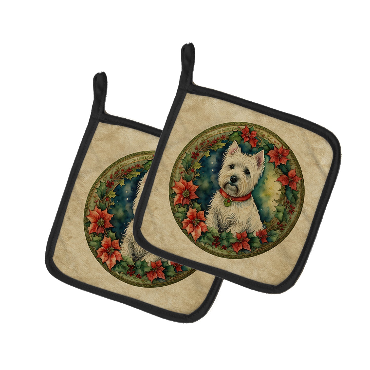 Westie Christmas Flowers Pot Holder Set of 2 Heat Resistant Quilted Hot Pads 7.5 x 7.5 Inch, Insulated Kitchen Trivets for Cooking & Baking