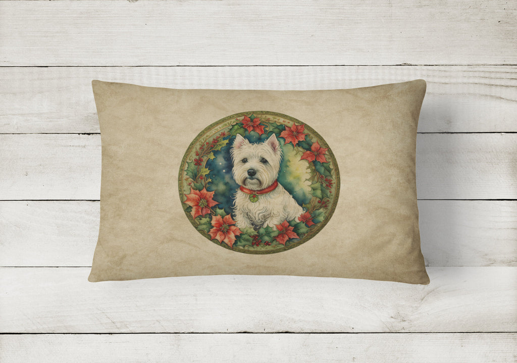 Westie Christmas Flowers Decorative Throw Pillow 12x16 Indoor Outdoor Accent Cushion, Fabric Cover with Insert for Sofa, Bed, Porch & Living Room