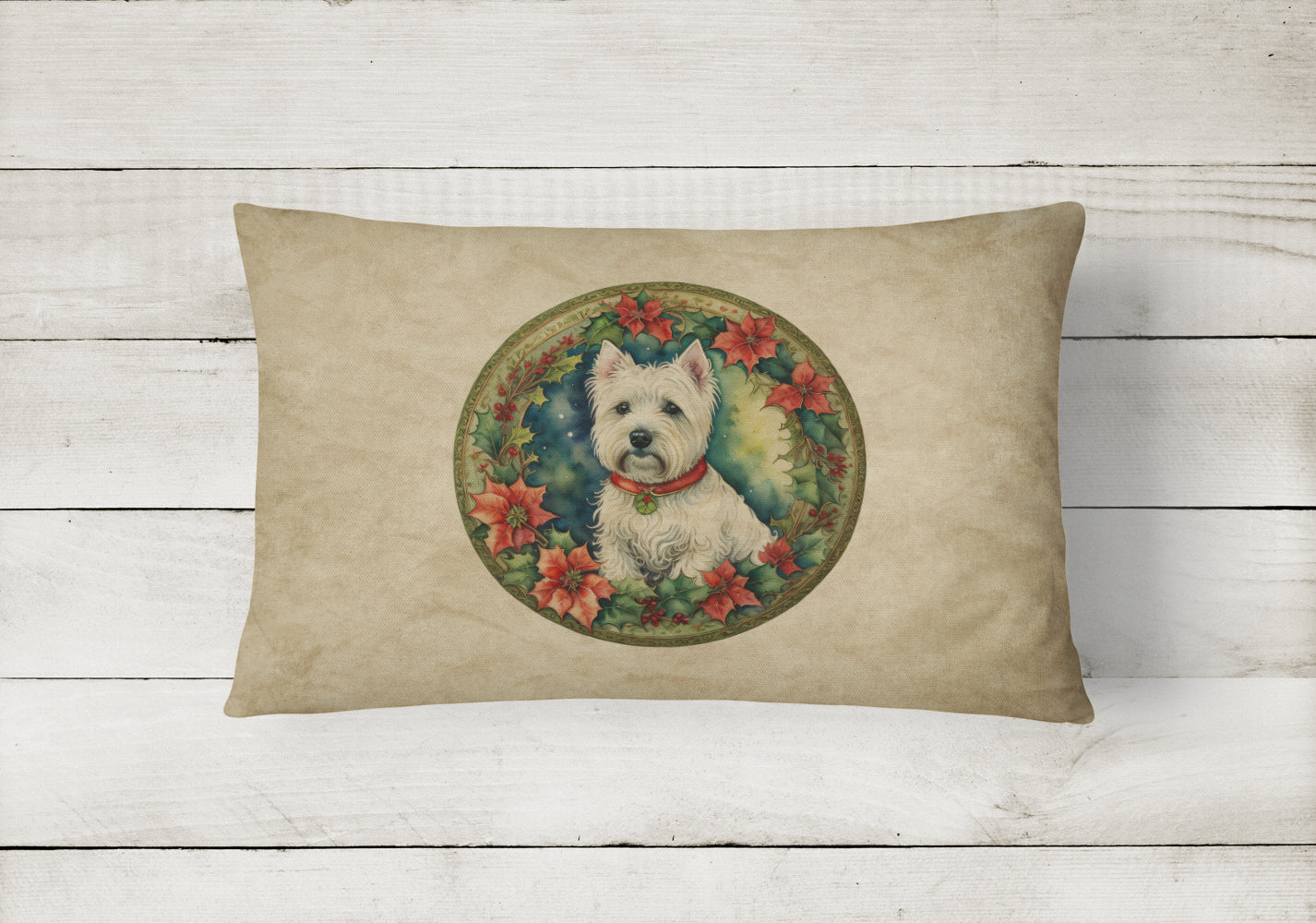 Westie Christmas Flowers Decorative Throw Pillow 12x16 Indoor Outdoor Accent Cushion, Fabric Cover with Insert for Sofa, Bed, Porch & Living Room