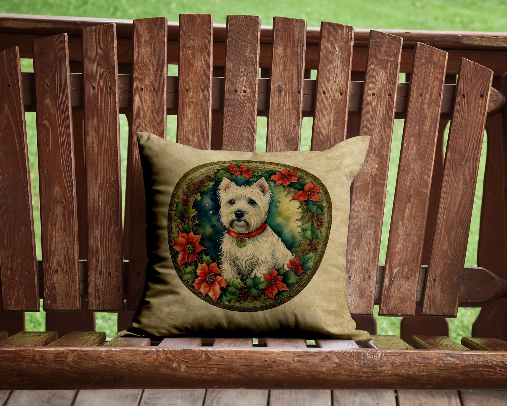 Westie Christmas Flowers Decorative Throw Pillow 14x14 Indoor Outdoor Accent Cushion, Fabric Cover with Insert for Sofa, Bed, Porch & Living Room