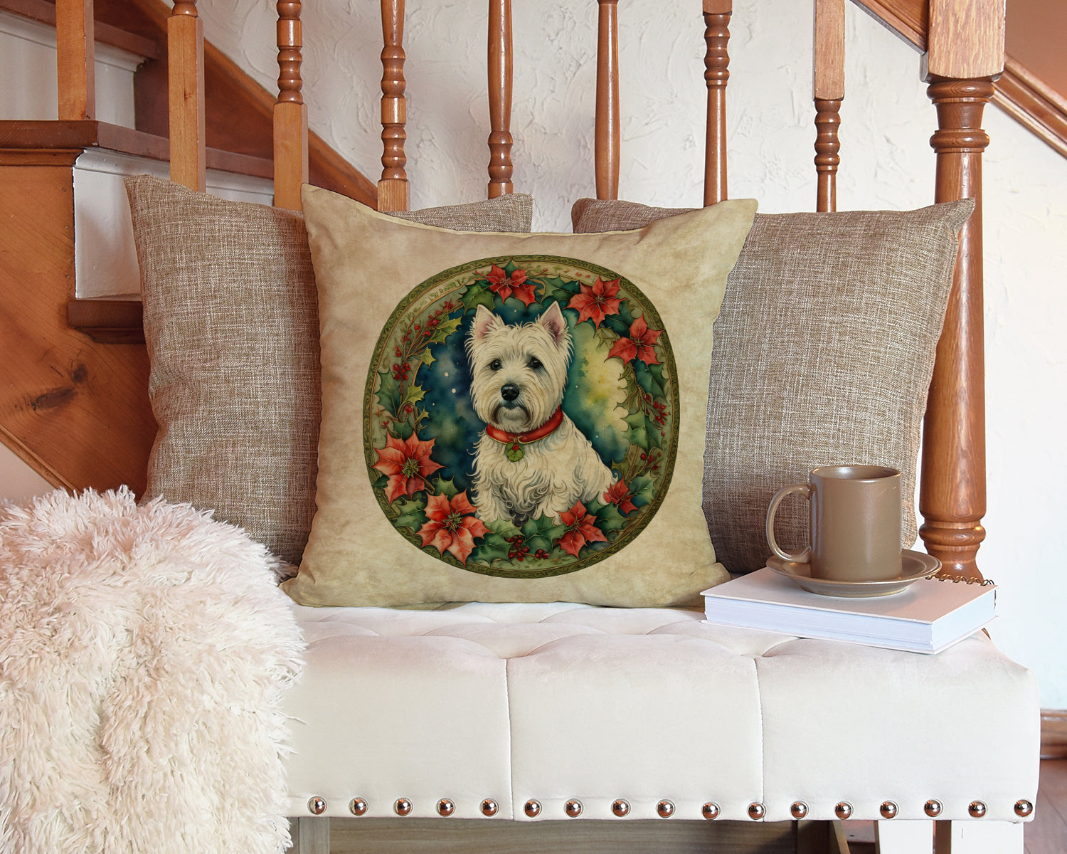 Westie Christmas Flowers Decorative Throw Pillow 14x14 Indoor Outdoor Accent Cushion, Fabric Cover with Insert for Sofa, Bed, Porch & Living Room