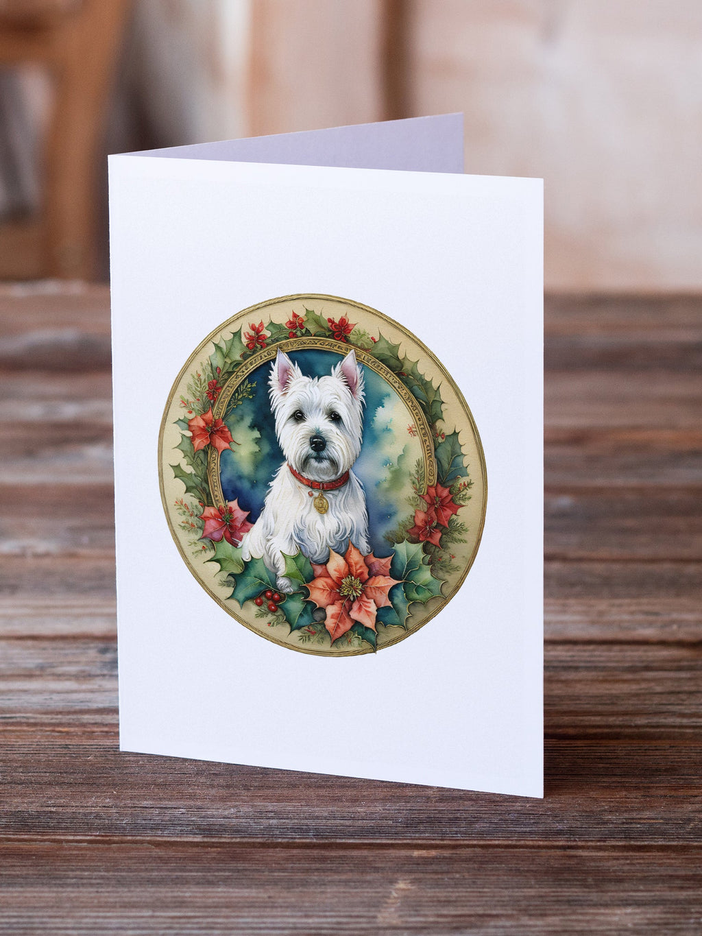 Westie Christmas Flowers Greeting Cards Pack of 8 Blank Cards with Envelopes Whimsical A7 Size 5x7