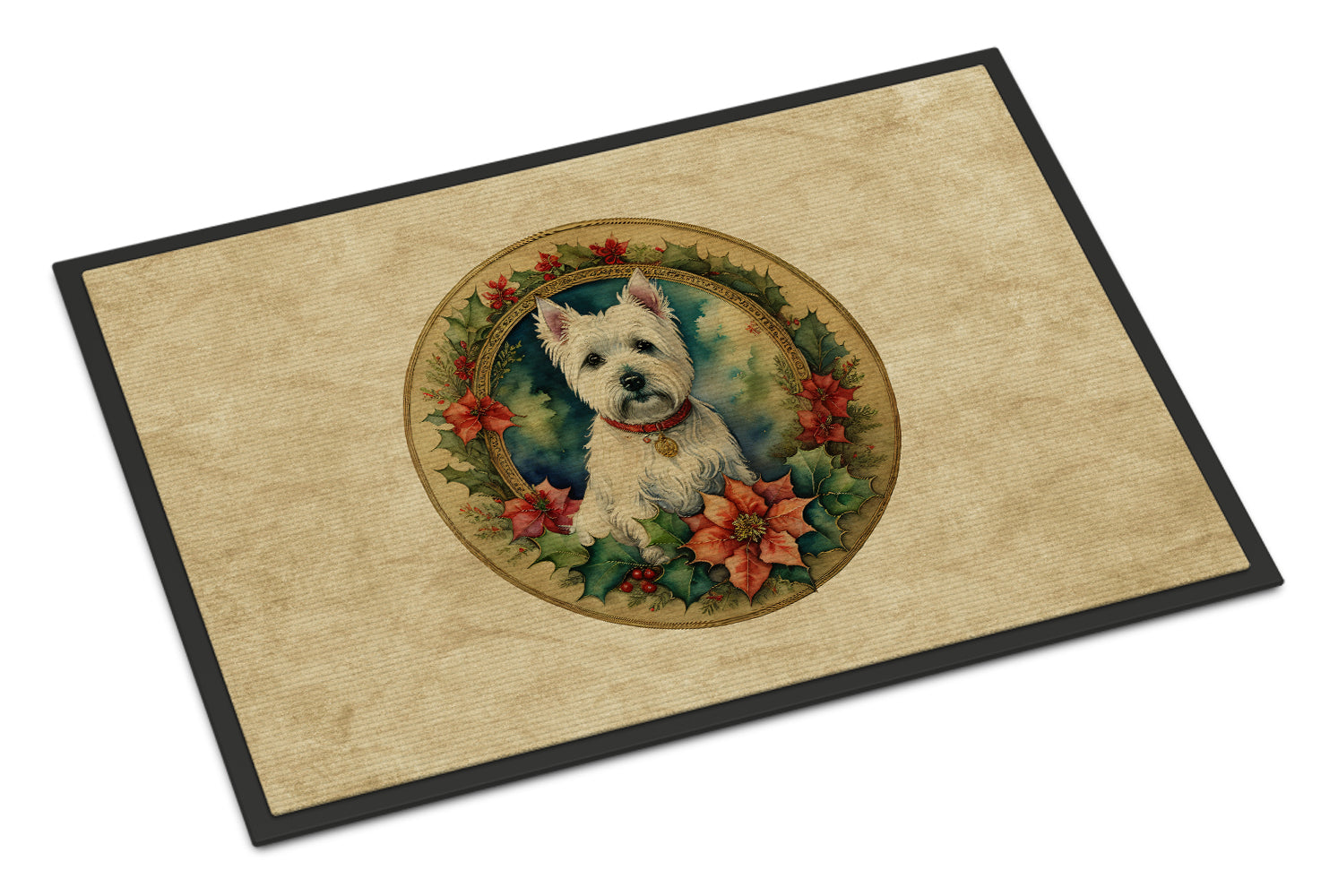 Westie Christmas Flowers Doormat Indoor Outdoor 18H X 27W Front Door Mat Rugs for Entryway, Non Slip Washable