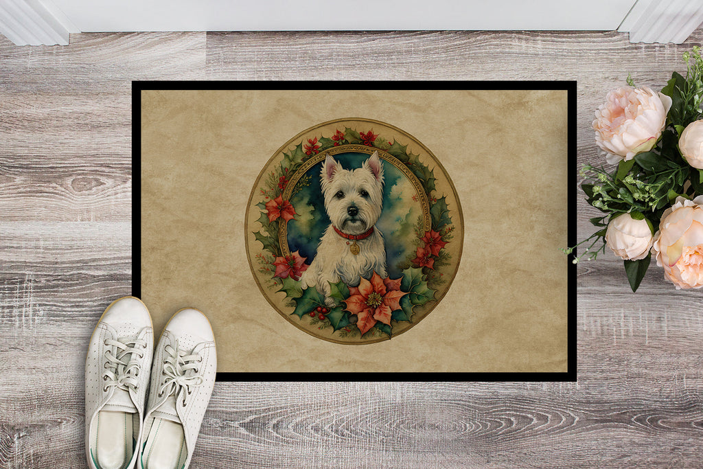 Westie Christmas Flowers Doormat Indoor Outdoor 18H X 27W Front Door Mat Rugs for Entryway, Non Slip Washable