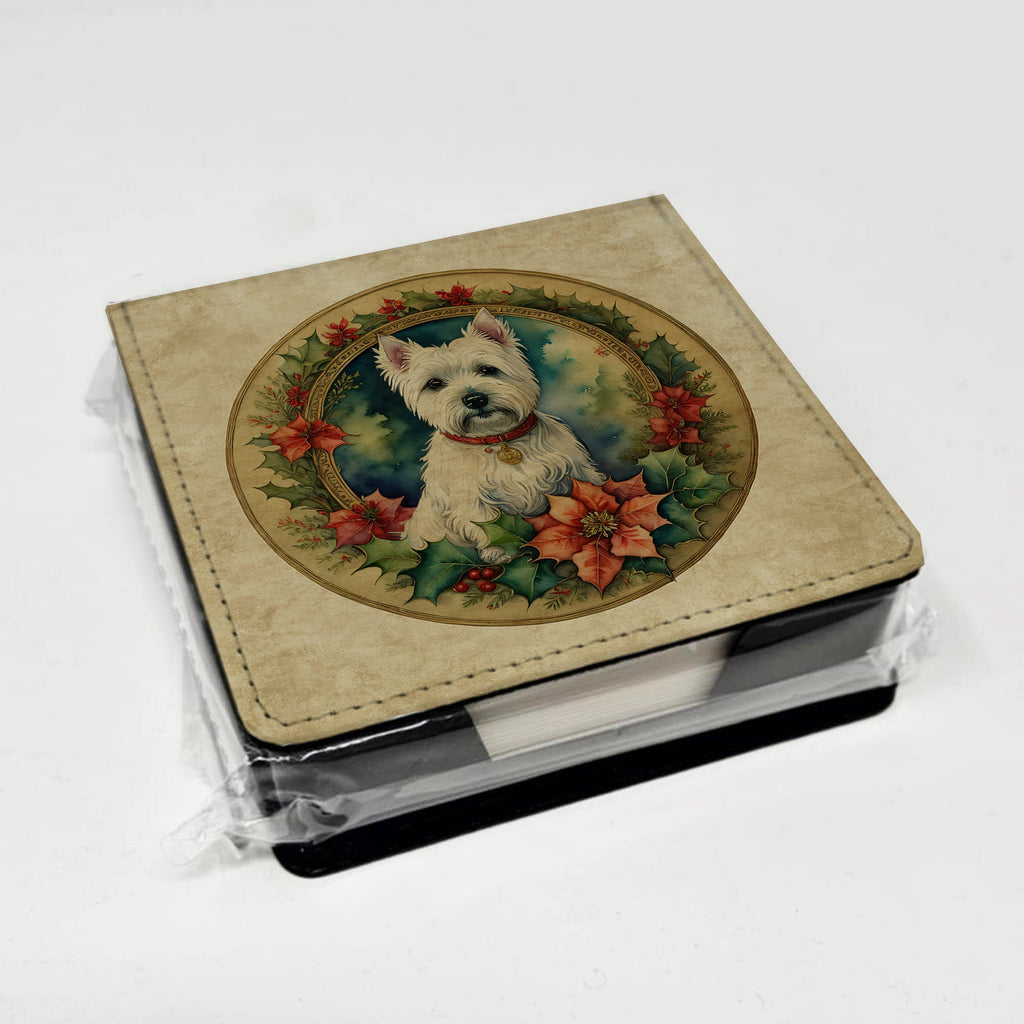 Westie Christmas Flowers PU Leather Note Paper Holder with Artist-Designed Cover, Desk Accessory, Office Gift