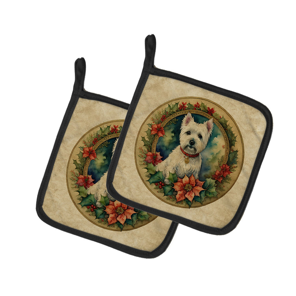 Westie Christmas Flowers Pot Holder Set of 2 Heat Resistant Quilted Hot Pads 7.5 x 7.5 Inch, Insulated Kitchen Trivets for Cooking & Baking