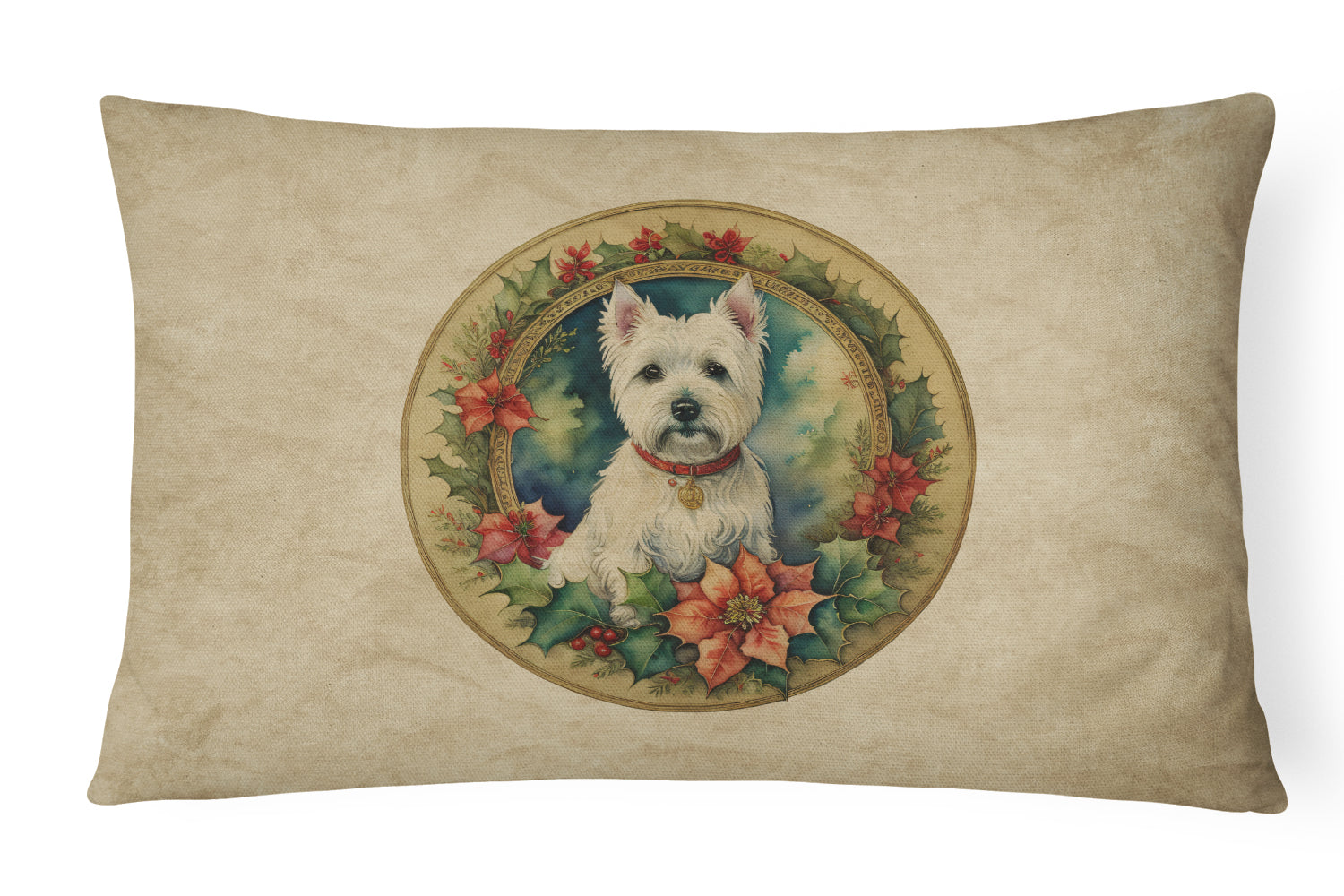 Westie Christmas Flowers Decorative Throw Pillow 12x16 Indoor Outdoor Accent Cushion, Fabric Cover with Insert for Sofa, Bed, Porch & Living Room