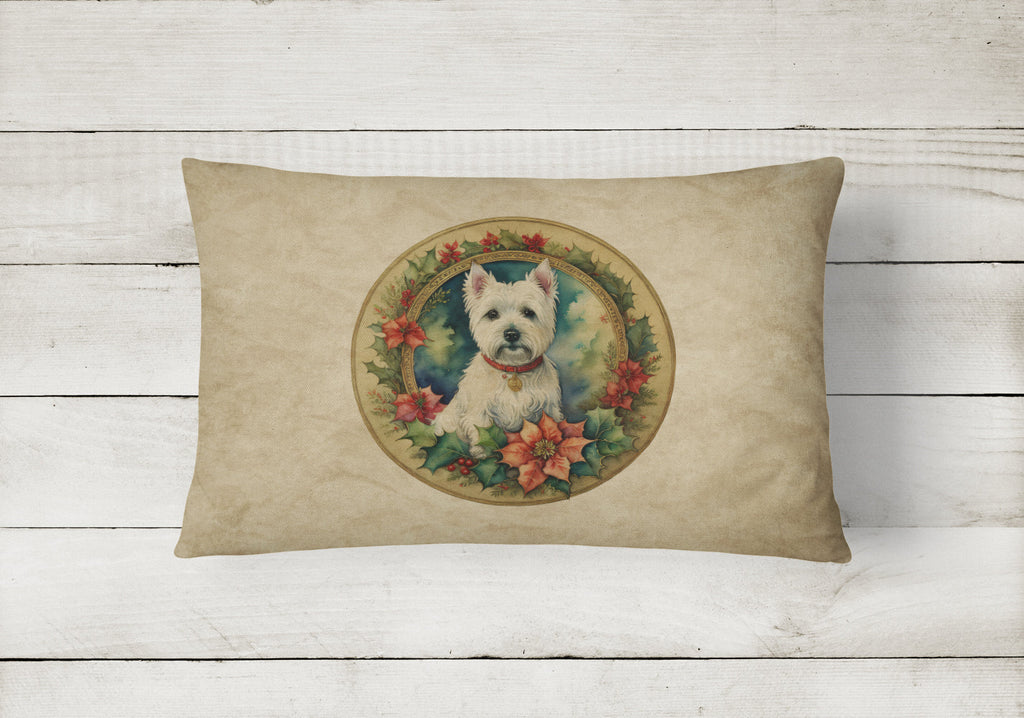 Westie Christmas Flowers Decorative Throw Pillow 12x16 Indoor Outdoor Accent Cushion, Fabric Cover with Insert for Sofa, Bed, Porch & Living Room
