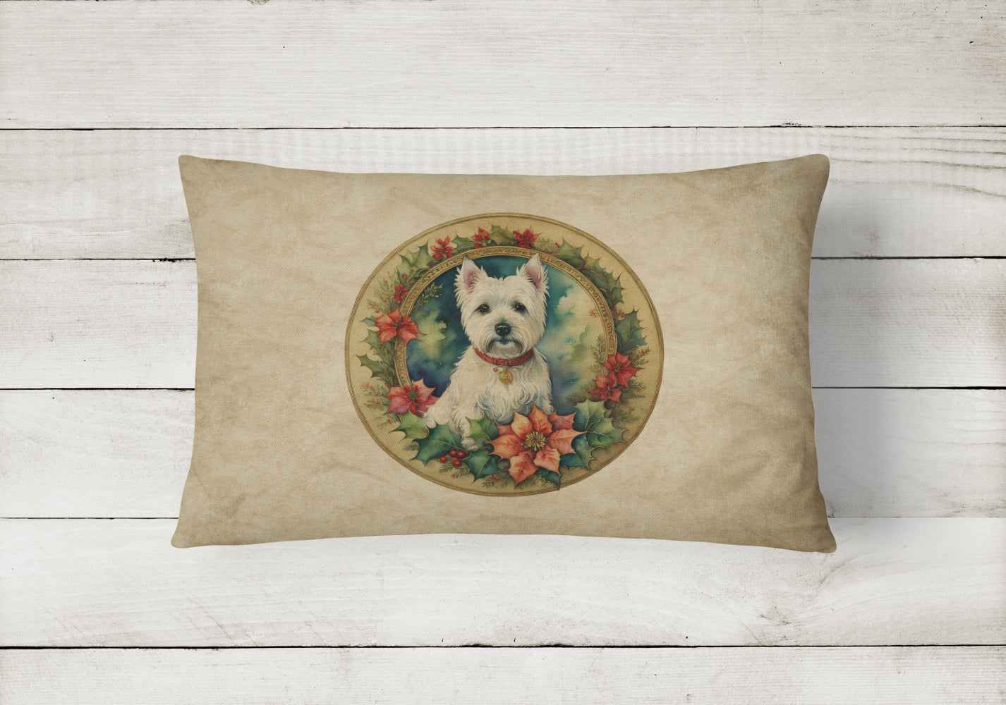 Westie Christmas Flowers Decorative Throw Pillow 12x16 Indoor Outdoor Accent Cushion, Fabric Cover with Insert for Sofa, Bed, Porch & Living Room