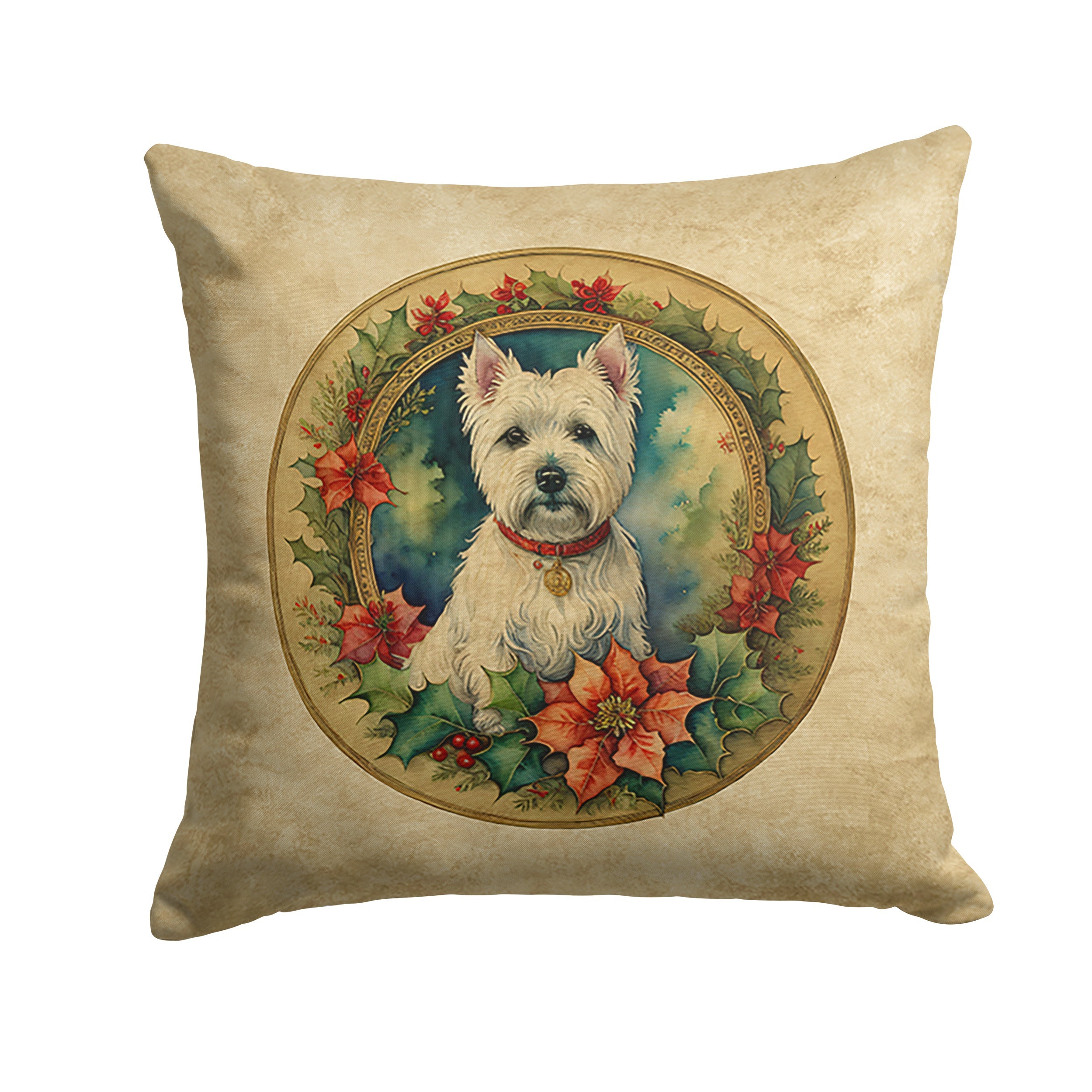 Westie Christmas Flowers Decorative Throw Pillow 14x14 Indoor Outdoor Accent Cushion, Fabric Cover with Insert for Sofa, Bed, Porch & Living Room