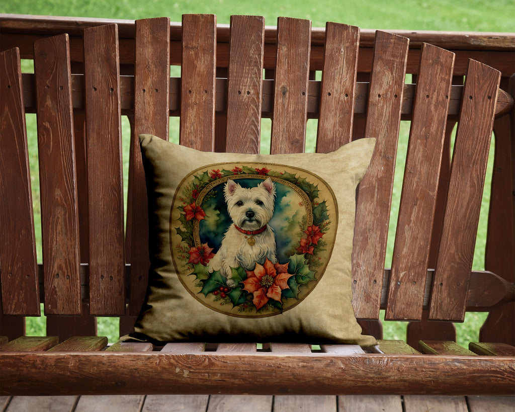 Westie Christmas Flowers Decorative Throw Pillow 14x14 Indoor Outdoor Accent Cushion, Fabric Cover with Insert for Sofa, Bed, Porch & Living Room