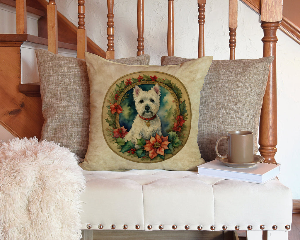 Westie Christmas Flowers Decorative Throw Pillow 14x14 Indoor Outdoor Accent Cushion, Fabric Cover with Insert for Sofa, Bed, Porch & Living Room