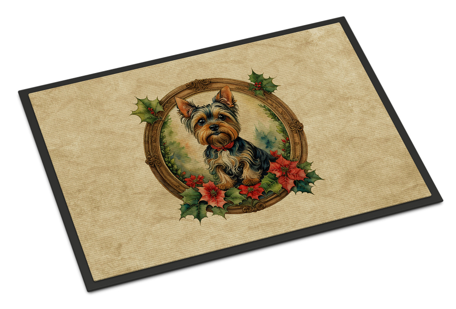 Yorkie Christmas Flowers Doormat Indoor Outdoor 24H X 36W Front Door Mat Rugs for Entryway, Non Slip Washable Low Pile,