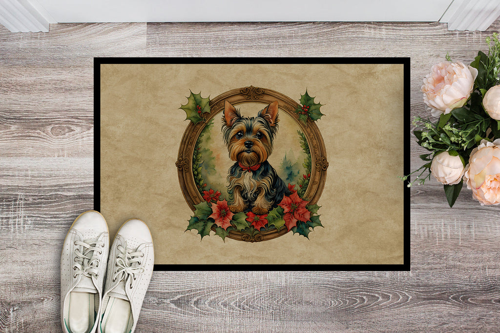 Yorkie Christmas Flowers Doormat Indoor Outdoor 24H X 36W Front Door Mat Rugs for Entryway, Non Slip Washable Low Pile,